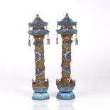 Pair of gilt metal and enamel column pagodas Chinese, 19th Century each of hexagonal form, with