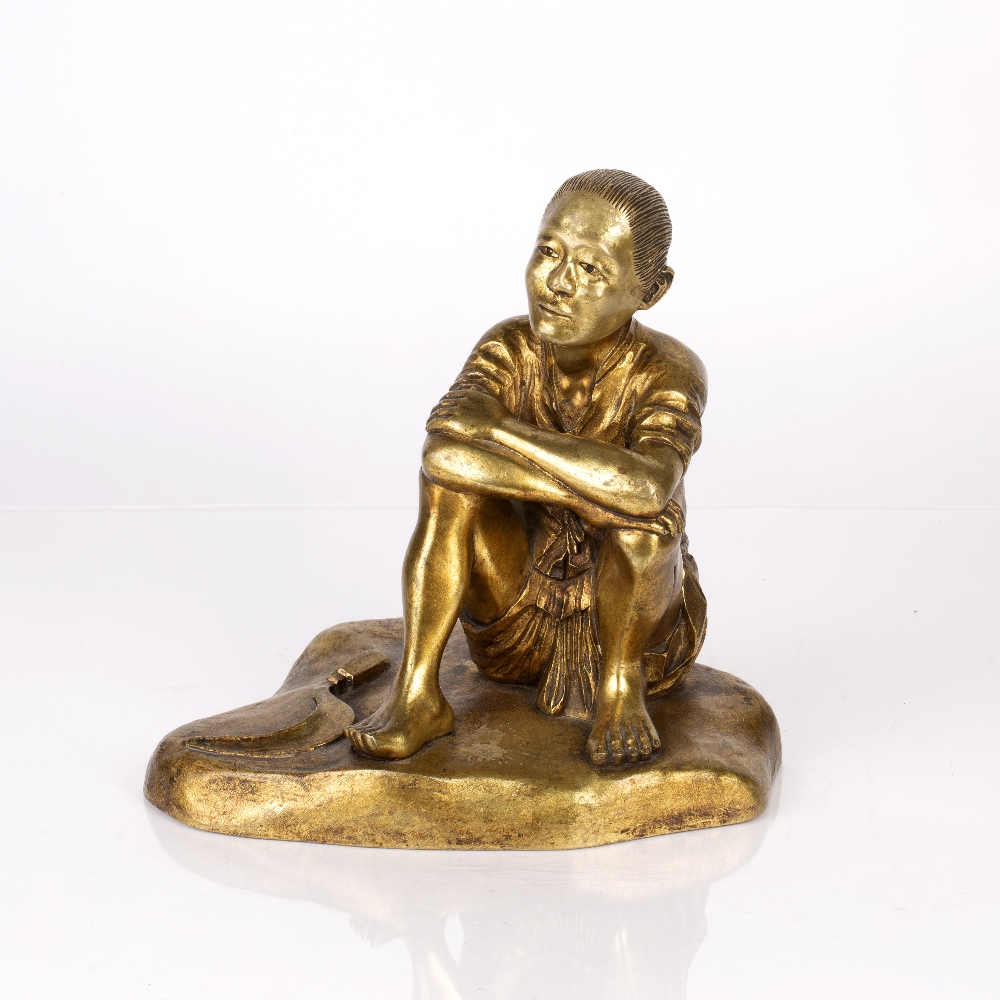 Gilt bronze model of farmer Japanese, early 20th Century the crouched figure seated beside his