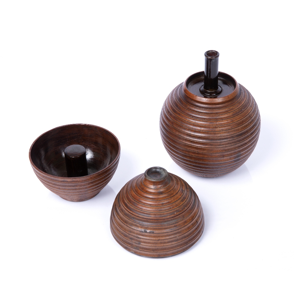 Pale brown lacquer Sake bottle, cup and rice bowl Japanese, Showa period (1926-1989) formed as a - Image 3 of 4