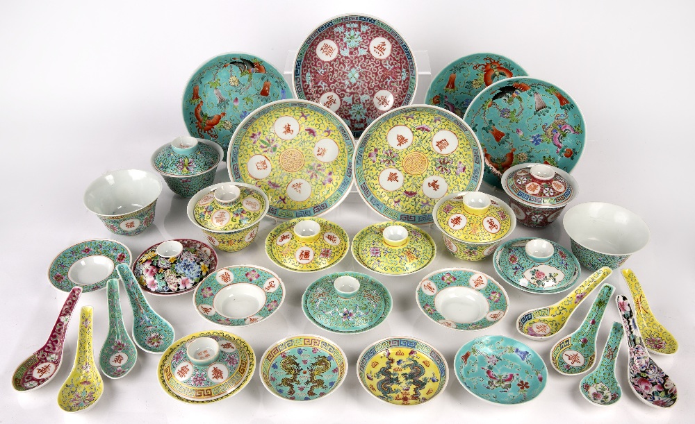 Collection of rice bowls, covers and stands Chinese, 20th Century including rice spoons and side