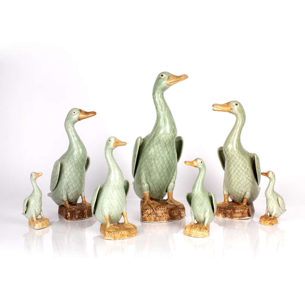 Graduated group of celadon porcelain model ducks Chinese, 20th Century largest 31cm, smallest