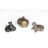 Bronze weight Chinese in the form of a leopard, 7cm, another example 7.5cm and a small inlaid bronze