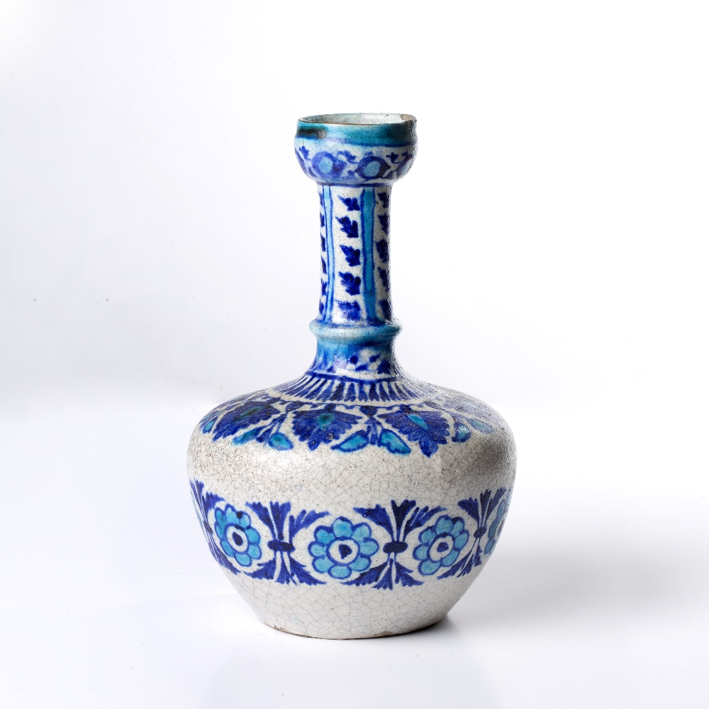 Kashmiri vase Indian with bands of blue and turquoise foliate designs, 25cm high Condition: firing