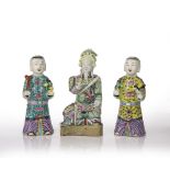Three famille verte biscuit porcelain figures Chinese, 18th/19th Century to include a pair of