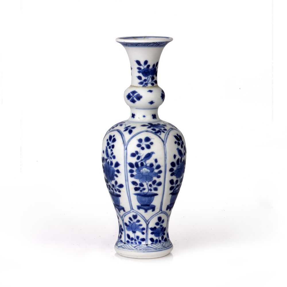 Blue and white slender vase Chinese, Kangxi period (1662-1722) decorated to the body with panels