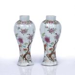 Pair of famille rose slender vases Chinese, 18th Century decorated in enamels depicting a rocky