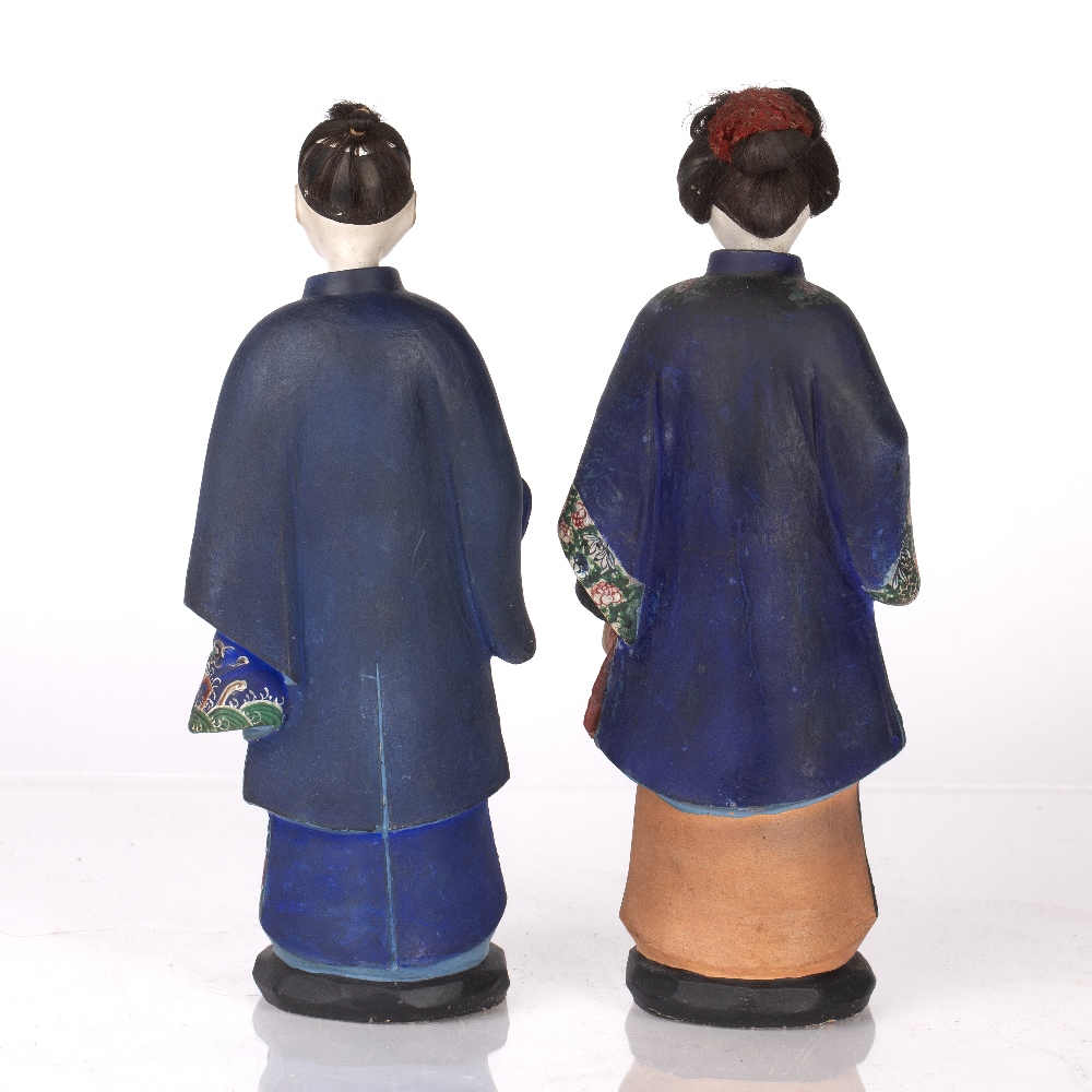 Pair of trade painted clay nodding head figures Chinese, 19th Century depicting a male and a - Image 2 of 2