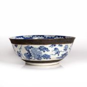 Crackleware blue and white punch bowl Chinese, 19th Century decorated to the exterior with flowering