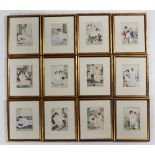 Set of twelve erotic prints Chinese each set in different landscapes, framed and glazed, 17cm x 12cm