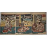 Utagawa Kunisada (1786-1864) 'Edomurasaki Azumano Utsushie' Japanese woodblock triptych, unframed