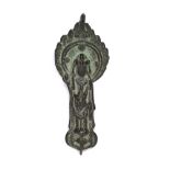 Cast bronze figure of Guanyin Chinese, Yuan/Ming cast with a large crown of flames behind her