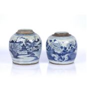Two blue and white porcelain jars Chinese, 19th Century one painted with a landscape scene, 21cm