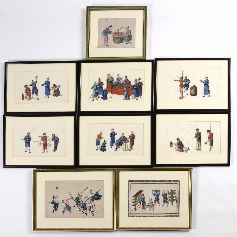 Collection of Chinese pith or rice paper paintings of various scenes, all unsigned, the examples