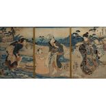 Utagawa Kuniyoshi (1798-1868) 'Chofu Crystal River' Japanese woodblock triptych, circa 1850, each