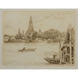 M Deja (Contemporary) 'Vat Arun, Bangkok' etching, numbered 77/300, signed in pencil lower right,