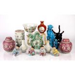 Group of ceramics Chinese including a famille verte calligraphy teapot, 20cm high, a famille verte