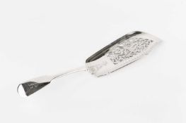 A William IV silver fiddle pattern fish slice, the blade pierced and engraved with an exotic bird