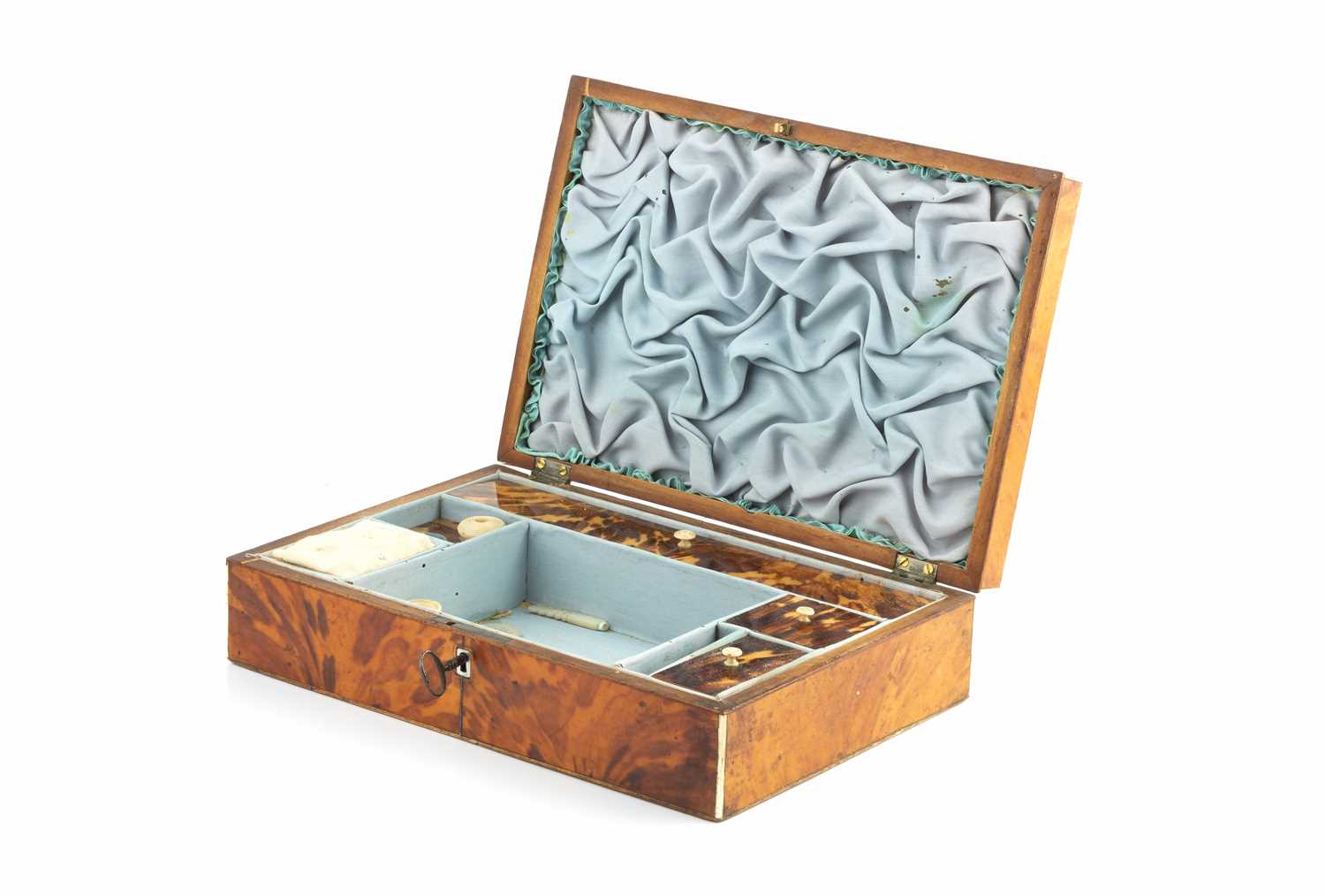 An early 19th century tortoiseshell veneered and ivory strung sewing box, the interior fitted with - Image 2 of 2