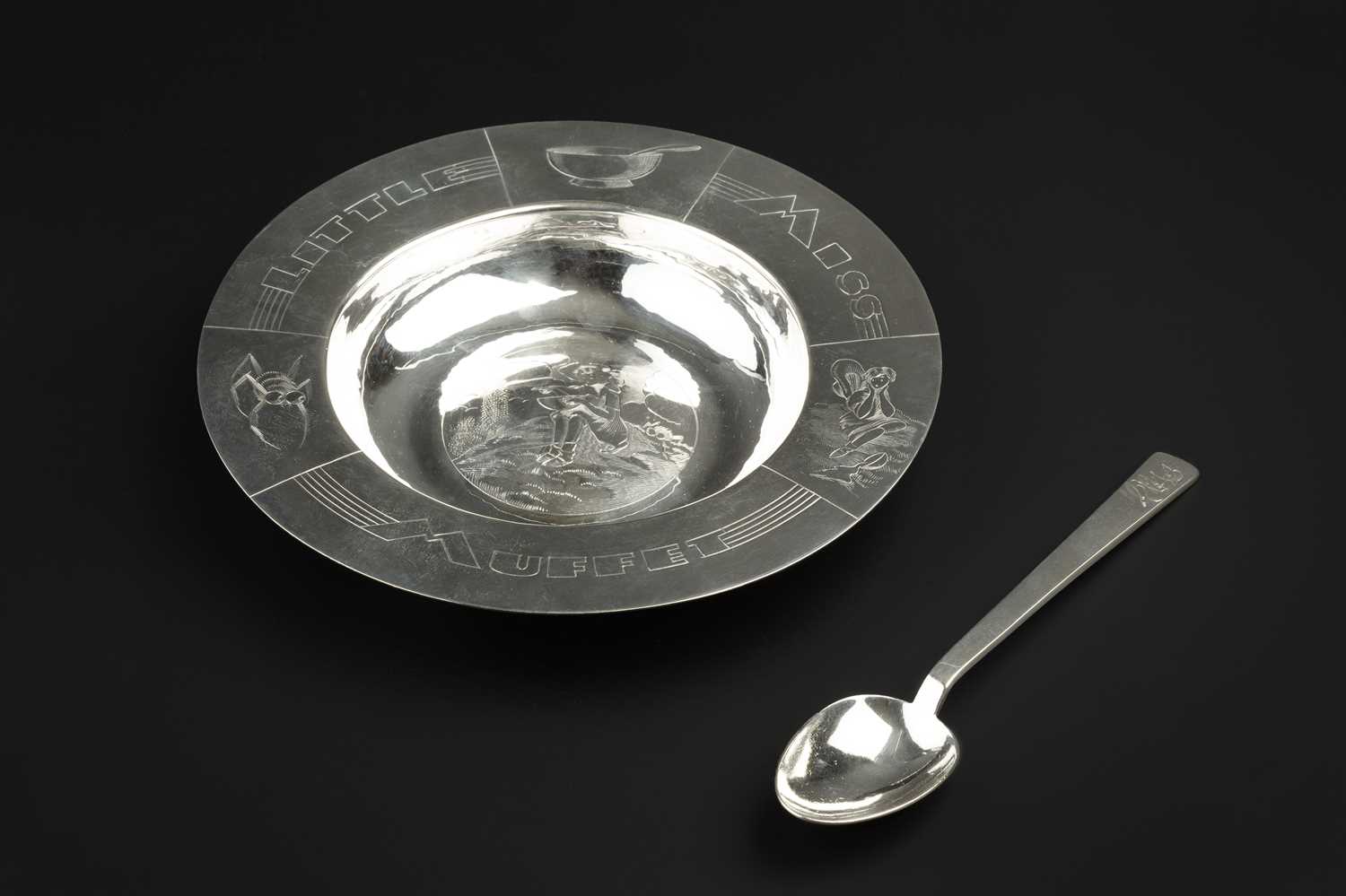 A 1930's Art Deco style silver child's bowl and spoon by Asprey & Co Ltd, with engraved