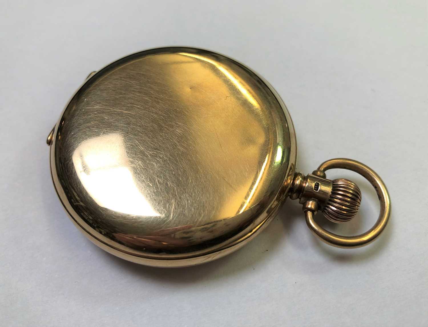 A 9ct gold half hunter pocket watch, the white dial with stylised Arabic numerals and subsidiary - Image 8 of 8