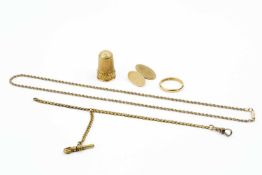 A collection of antique and later jewellery, comprising a 19th century yellow and rose gold thimble,