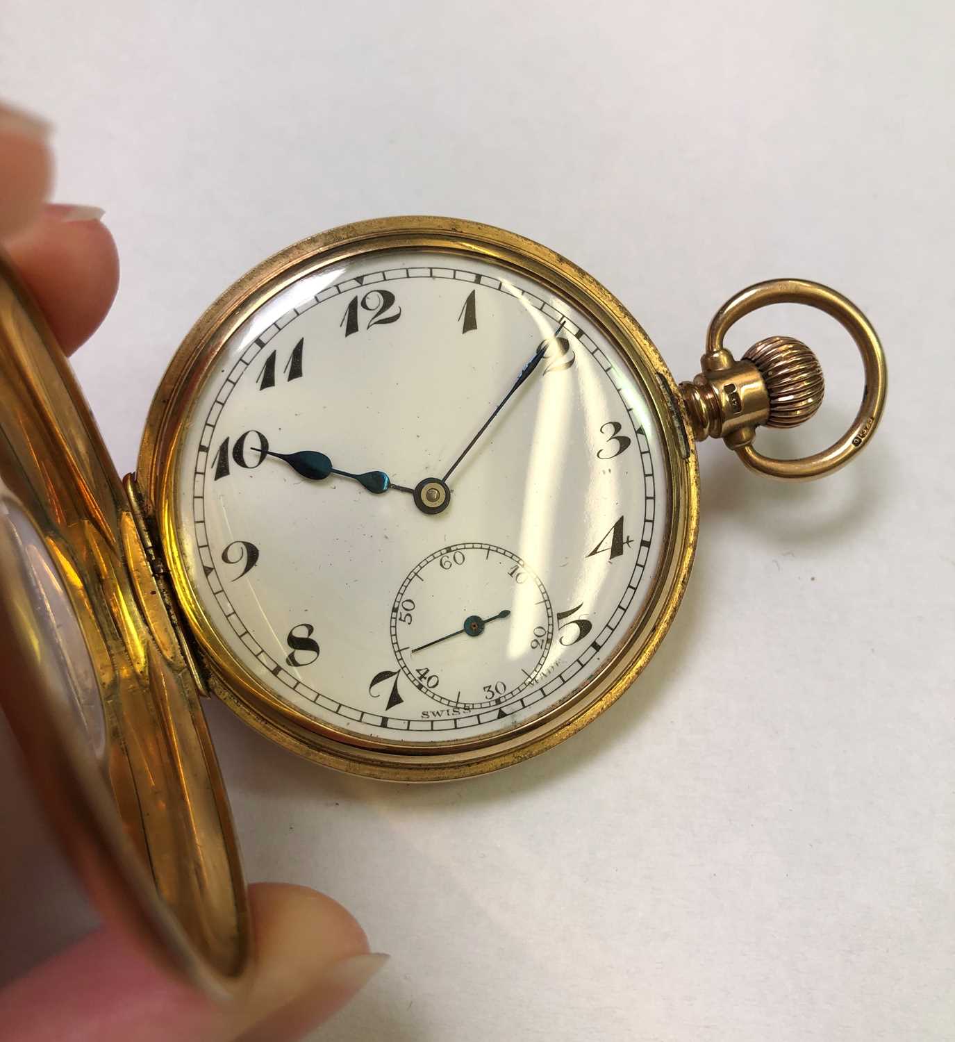 A 9ct gold half hunter pocket watch, the white dial with stylised Arabic numerals and subsidiary - Image 5 of 8