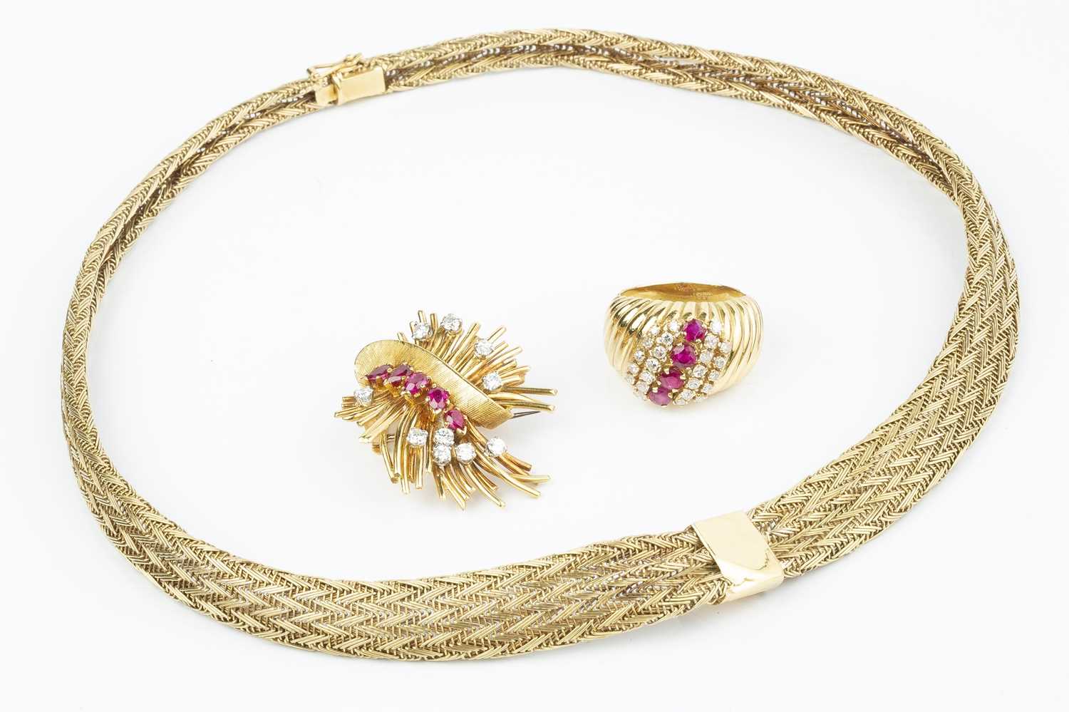 A ruby and diamond set collar necklace/brooch, the tapered herringbone-link collar centred with a - Image 3 of 4