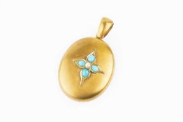 A Victorian gem set locket pendant, of hinged oval form, centred with a cabochon turquoise and