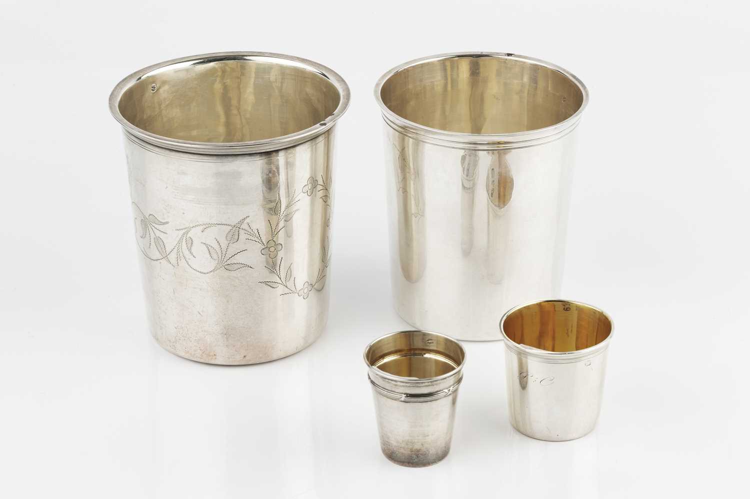 A late 19th century French silver beaker, of slightly tapered form, engraved with stylised