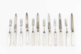 A set of six Edwardian silver fruit knives and forks, with mother of pearl handles, by Allen &