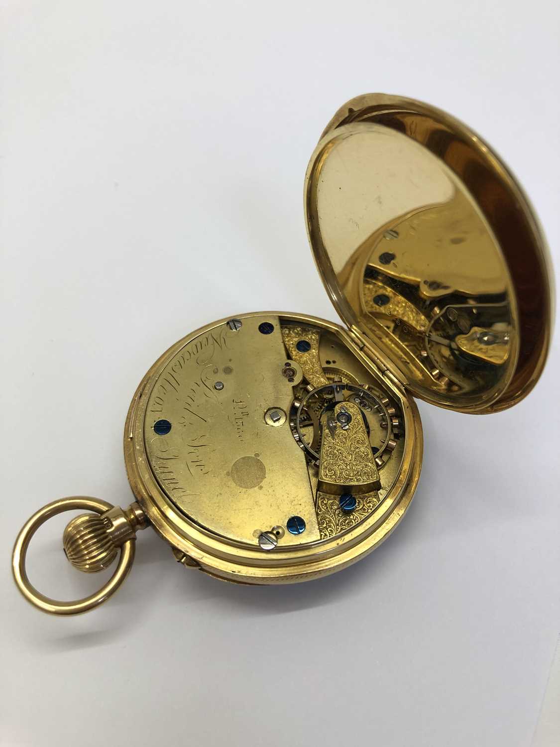 A Victorian 18ct gold open face pocket watch, the white enamel dial with Roman numerals, - Image 3 of 10