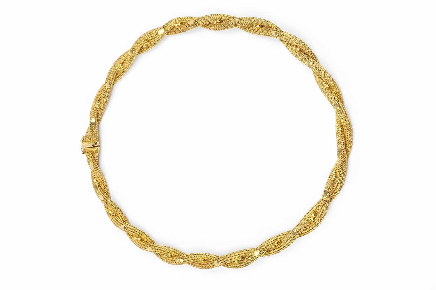 A yellow precious metal collar necklace, designed as two entwined strands of woven ropetwist