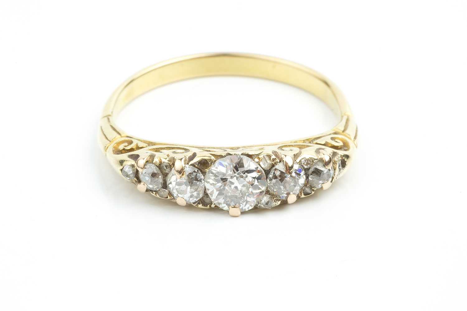 A diamond five stone ring, the scrolled hoop set with graduated old and Swiss-cut diamonds, spaced