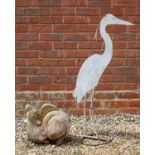 A painted wrought iron ornamental heron profile 98cm high together with a small sculpture of a