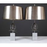 A pair of steel Maison Charles 'Chardon' table lamps with matching steel shades, the shades 46cm