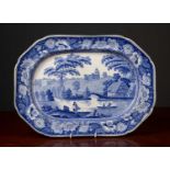 A George III blue and white meat platter depicting a view of the countryside, adjacent to Nuneham
