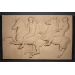 A large fibreglass panel after the antique depicting two riders on horseback, the panel