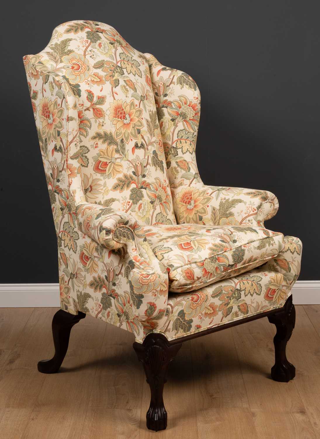A George II style wingback armchair with floral upholstery and label for 'The Odd Chair Company' - Image 2 of 7