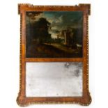 A George III walnut and parcel gilt Trumeau mirror set with an 18th century school oil painting
