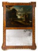 A George III walnut and parcel gilt Trumeau mirror set with an 18th century school oil painting