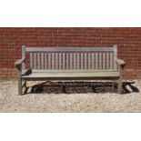 An old teak garden bench 213cm wideCondition report: The front rail damaged and detached, signs of