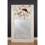 A Steven Shell Bow range white painted wall mirror decorated with exotic birds, 85cm wide x 141cm