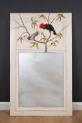 A Steven Shell Bow range white painted wall mirror decorated with exotic birds, 85cm wide x 141cm