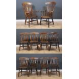 A matched group of ten 19th century ash and elm lath back kitchen chairs with turned supports, to