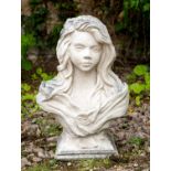 A weathered cast reconstituted stone bust of a young girl, 33cm wide x 51cm highCondition report: At