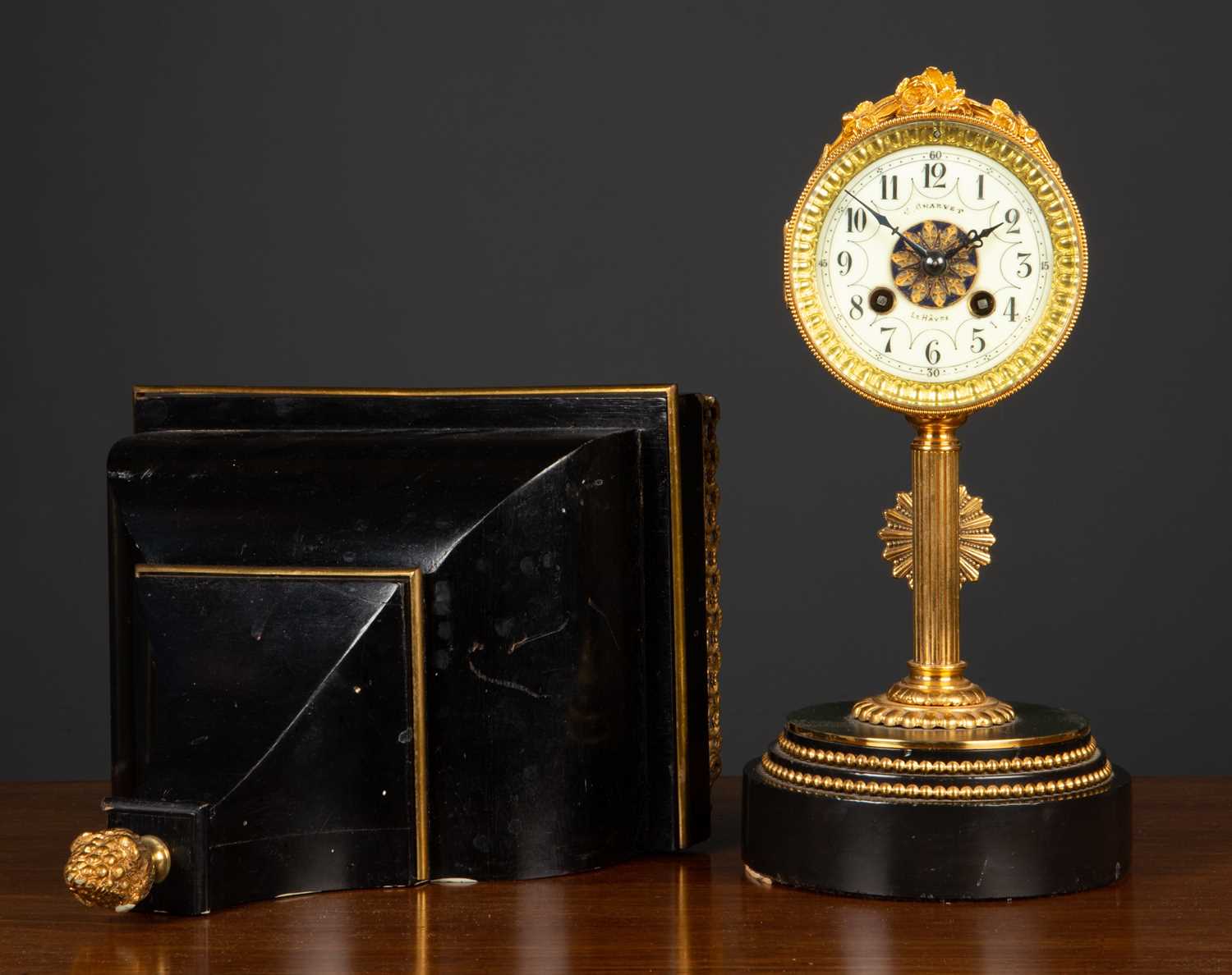 A French mantle clock the drum case on a reeded column, stepped circular plinth, the dial with - Image 2 of 5