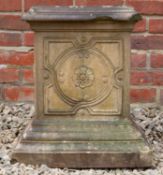 A Victorian buff terracotta plinth with floral rosette ornament and stepped base, 38cm wide x 50cm