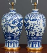 A pair of contemporary chinese style blue and white porcelain table lamps of inverted baluster