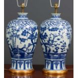 A pair of contemporary chinese style blue and white porcelain table lamps of inverted baluster