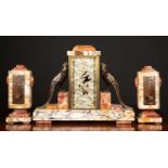 A French art deco garniture de Cheminee by Irene Rochard, the clock with stepped marble ornament,